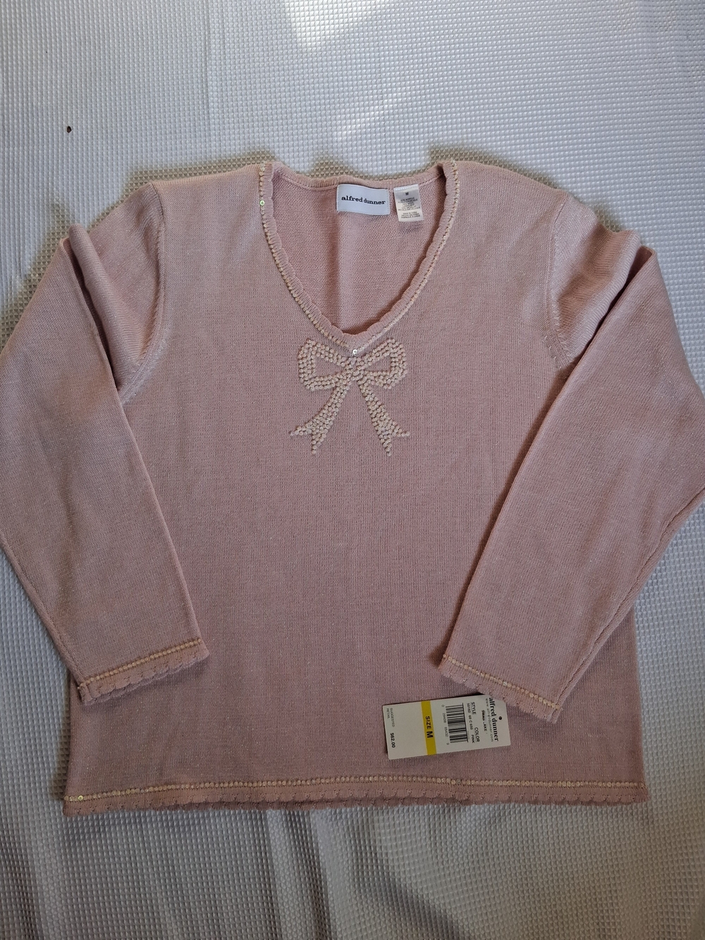 Alfred Dunner Pink V-Neck Sweater with Bow Detail